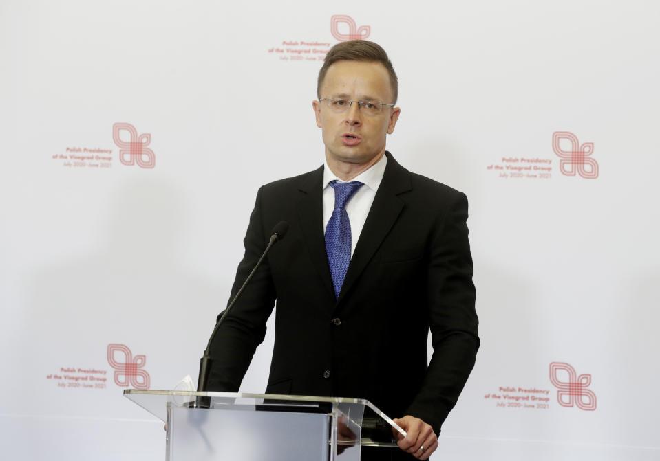 Hungarian Foreign Minister Peter Szijjarto attends a press conference after the foreign ministers of the Visegrad Group ,V4, in Lodz, Poland, Friday, May 14, 2021. (AP Photo/Czarek Sokolowski)