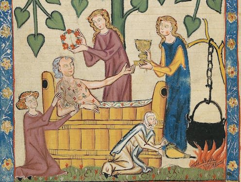 <span class="caption">Bathing in the Middle Ages.</span> <span class="attribution"><a class="link " href="https://manuscriptminiatures.com/4832/20229#image" rel="nofollow noopener" target="_blank" data-ylk="slk:Codex Manesse, UBH Cod. Pal. germ. 848.;elm:context_link;itc:0;sec:content-canvas">Codex Manesse, UBH Cod. Pal. germ. 848.</a></span>