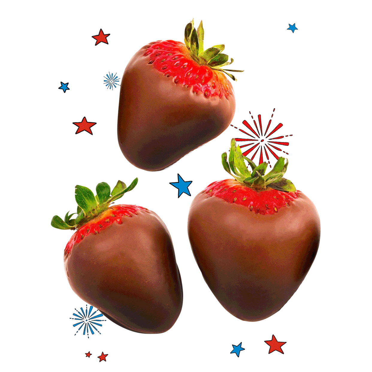 Chocolate Covered Strawberries Isolated with fireworks and stars bursting in the background