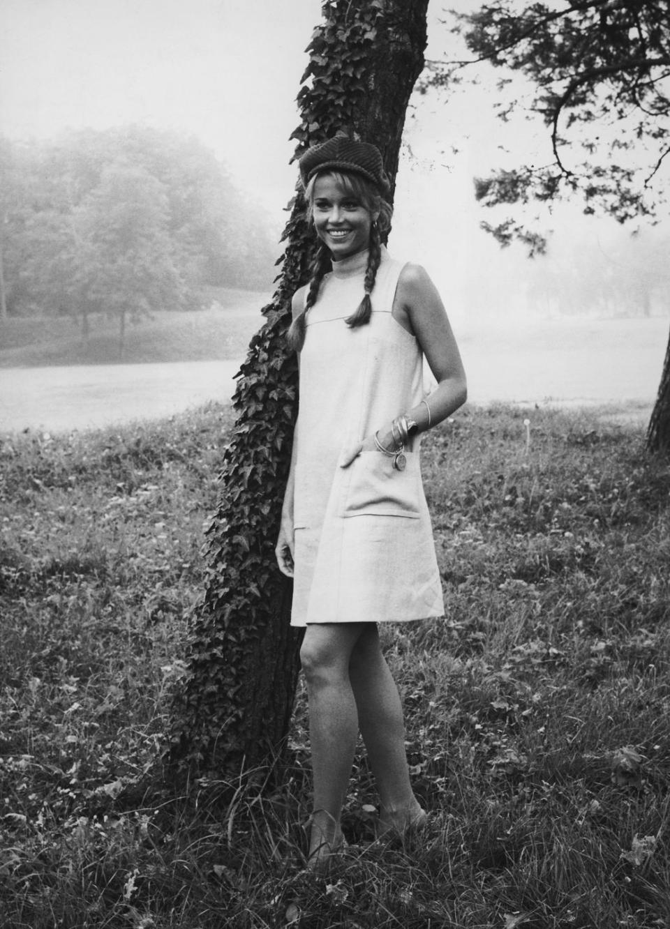 <p>Jane Fonda's newsboy cap, braids, and mod dress (with pockets!) give her fall look a playful vibe.</p>