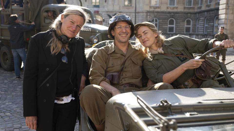 Andy Samberg and Kate Winslet with director Ellen Kuras (left) on the set of Lee. (Sky Cinema)