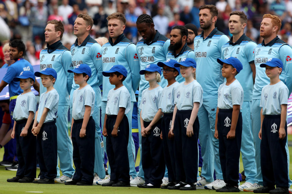 England captain Eoin Morgan (left) stands with his players for the national anthem ahead of during the ICC World Cup Final at Lord's, London.