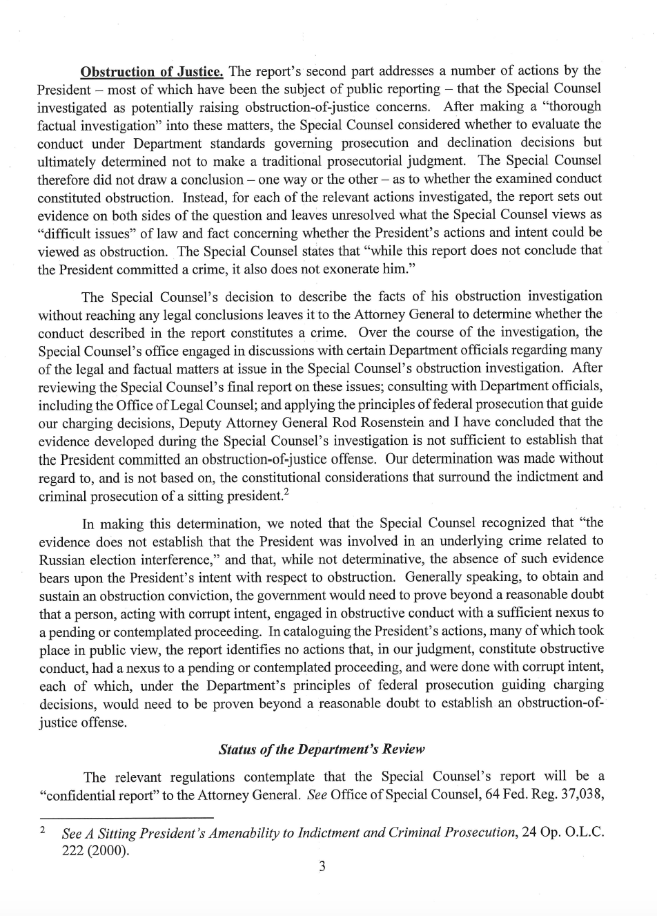 Page 3 of Attorney General William Barr's letter to Congress on Special Counsel Robert Mueller's report.