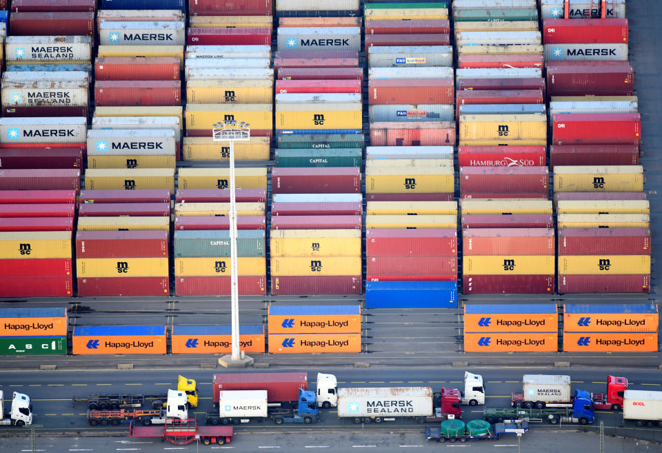 Containers of Maersk, MSC and Hapag-Lloyd are seen at a terminal in the port of Hamburg, Germany November 14, 2019. REUTERS/Fabian Bimmer