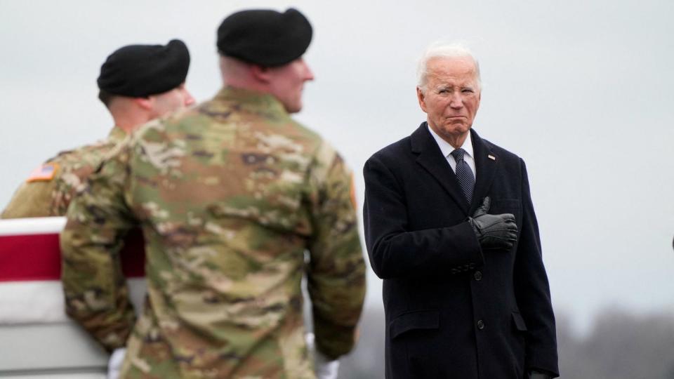 PHOTO: President Joe Biden attends the dignified transfer of the remains of Army Reserve Sergeants William Rivers, Kennedy Sanders and Breonna Moffett, at Dover Air Force Base in Dover, Delaware, on Feb. 2, 2024.  (Joshua Roberts/Reuters)