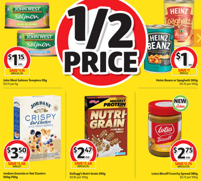 Salmon, beans, cereal and sandwich spread selling for half-price at Coles.