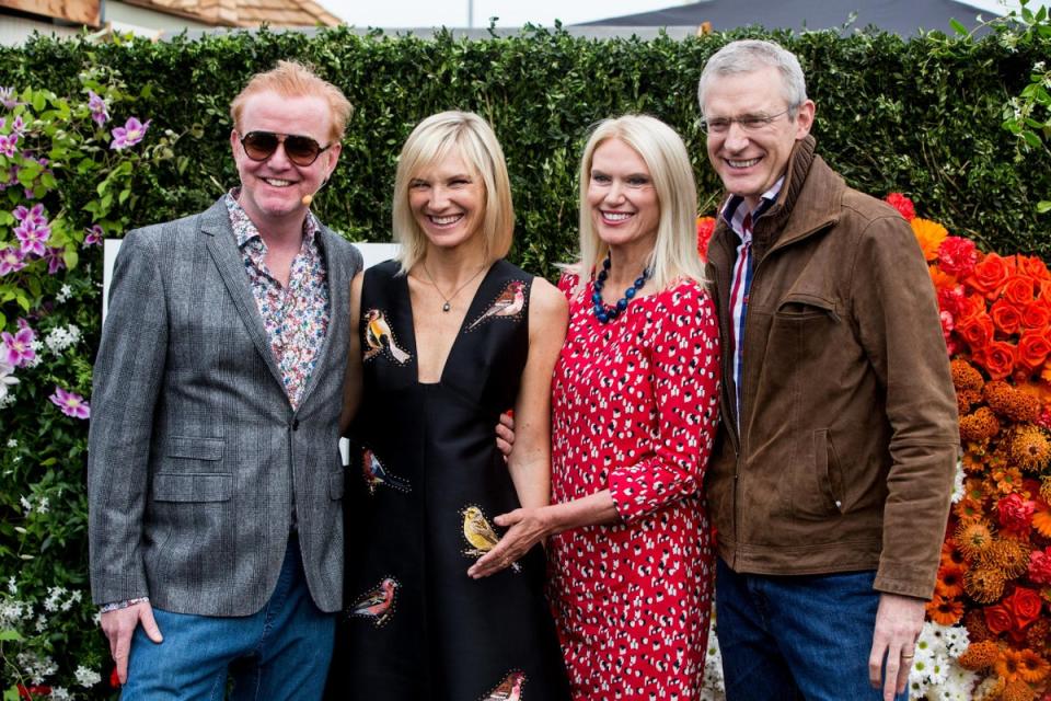 Anneka Rice besides Jeremy Vine to the right, Jo Whiley and Chris Evans to the left at the Chelsea Flower Show. (Alex Lentati)