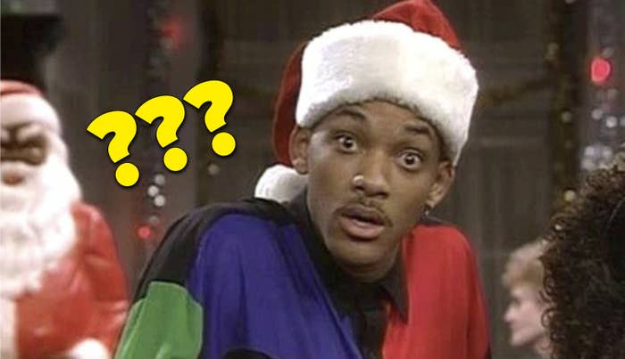 Will Smith in a Santa hat looking confused in "The Fresh Prince"