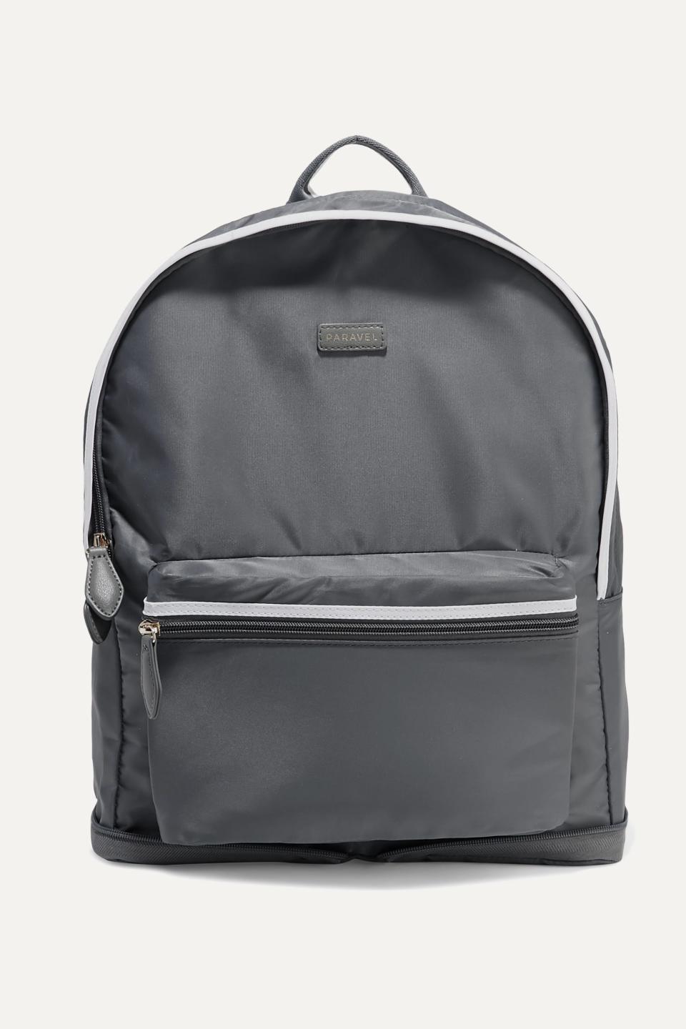 25) Fold-up leather and grosgrain-trimmed shell backpack