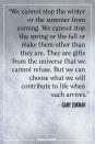 <p>"We cannot stop the winter or the summer from coming. We cannot stop the spring or the fall or make them other than they are. They are gifts from the universe that we cannot refuse. But we can choose what we will contribute to life when each arrives."</p><p>– <em>Gary Zukhav</em></p>