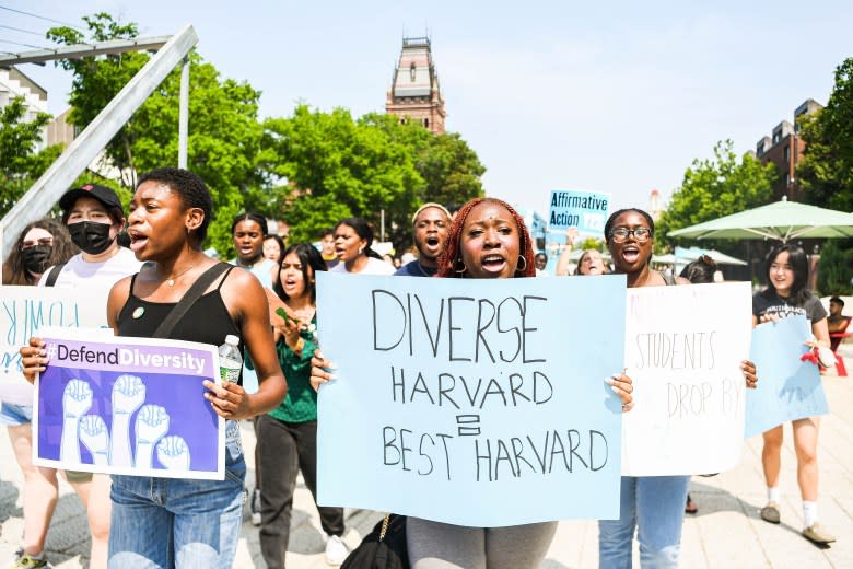 Demonstrators protest the U.S. Supreme Court’s ruling against affirmative action on Harvard University Campus in Cambridge, Massachusetts, in July 2023. (Ziyu Julian Zhu/Xinhua via Getty Images)