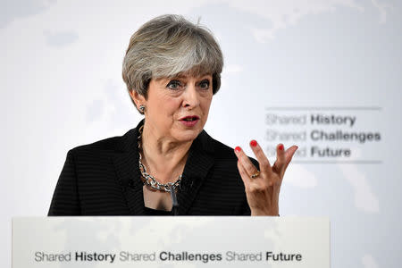 Britain's Prime Minister Theresa May speaks at the Complesso Santa Maria Novella, Florence, Italy September 22, 2017. REUTERS/Jeff J Mitchell/Pool