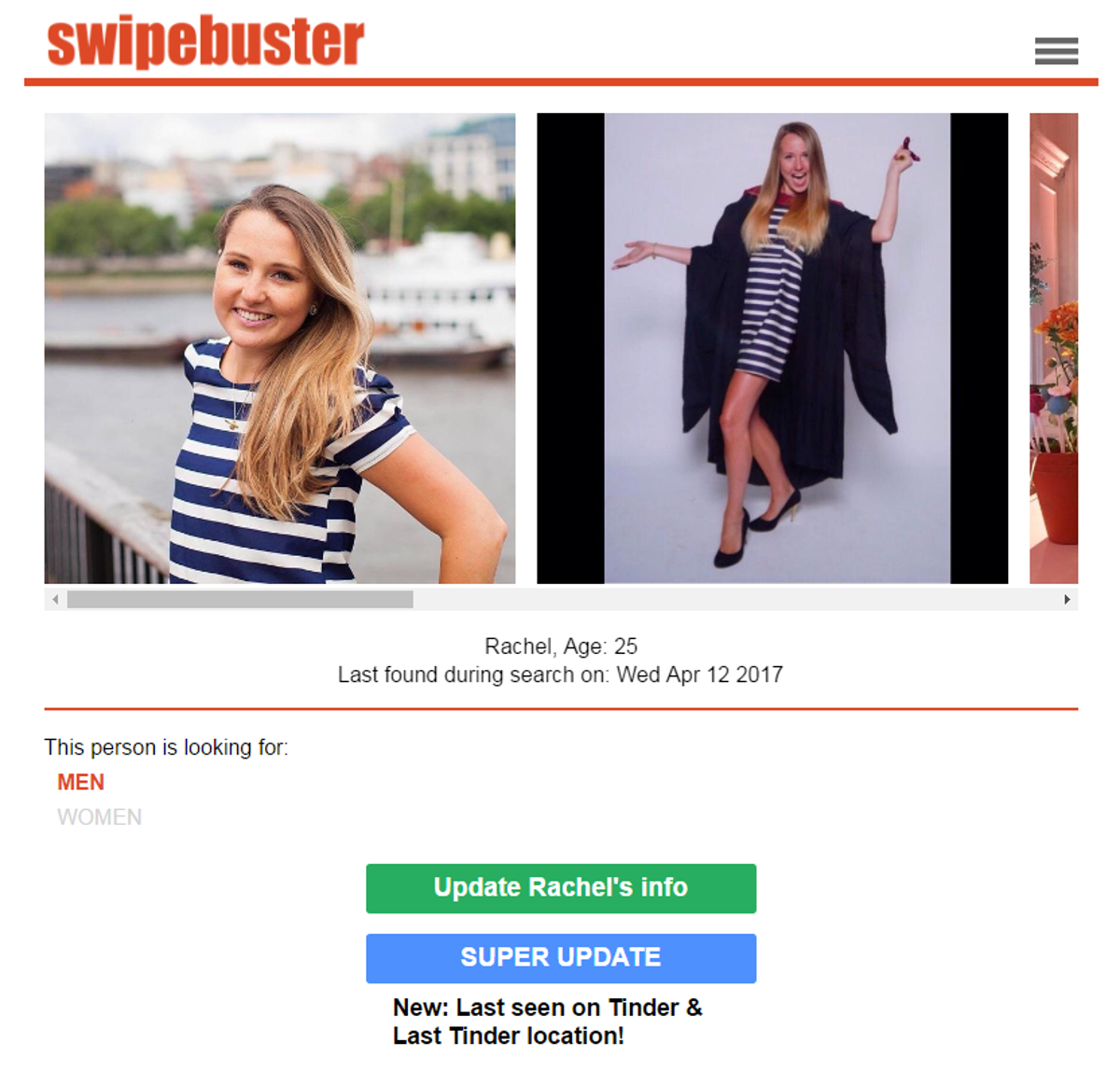 Rachel's profile on Swipebuster (she also occasionally doesn't wear stripes)