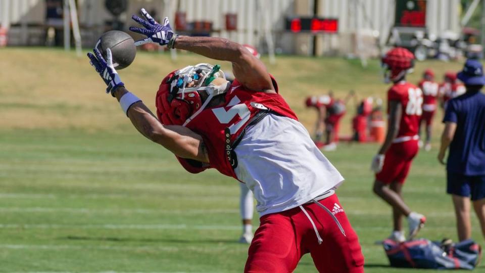 Fresno State wideout Jaelen Gill twists his body to make a catch during a fall camp practice. Gill, a transfer from Boston College, is the Bulldogs’ most experienced wideout entering the 2023 season.