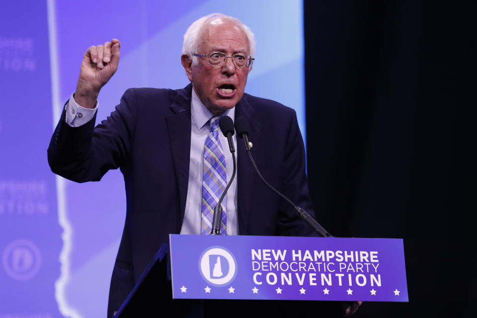 Democratic presidential candidate Sen. Bernie Sanders, I-Vt., speaks during the New Hampshire state Democratic Party convention, Saturday, Sept. 7, 2019, in Manchester, NH. (AP Photo/Robert F. Bukaty)