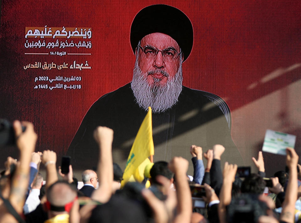 FILE PHOTO: Lebanon's Hezbollah leader Sayyed Hassan Nasrallah addresses his supporters, in Beirut