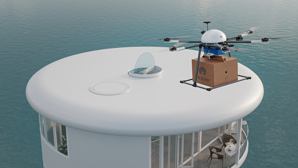 A drone dropping a delivery to an EcoPod. - Credit: Ocean Builders