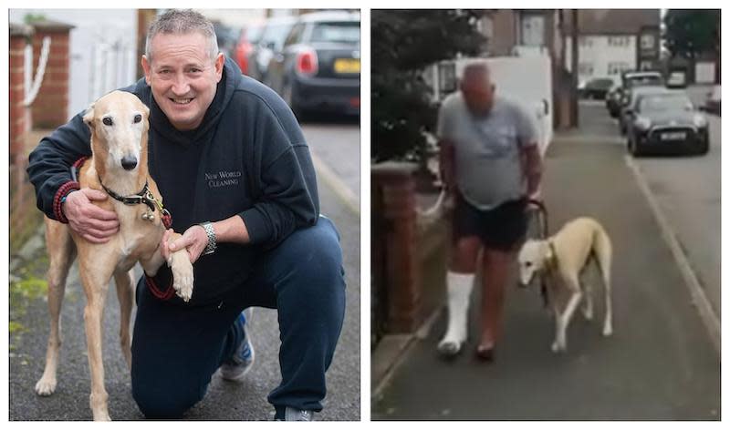 After Russell Jones broke his ankle last June, his loyal nine-year-old pet dog Billy unintentionally fooled vets with a fake limp. — Pictures from Instagram/Russell Jones, Screenshot from YouTube/This Morning