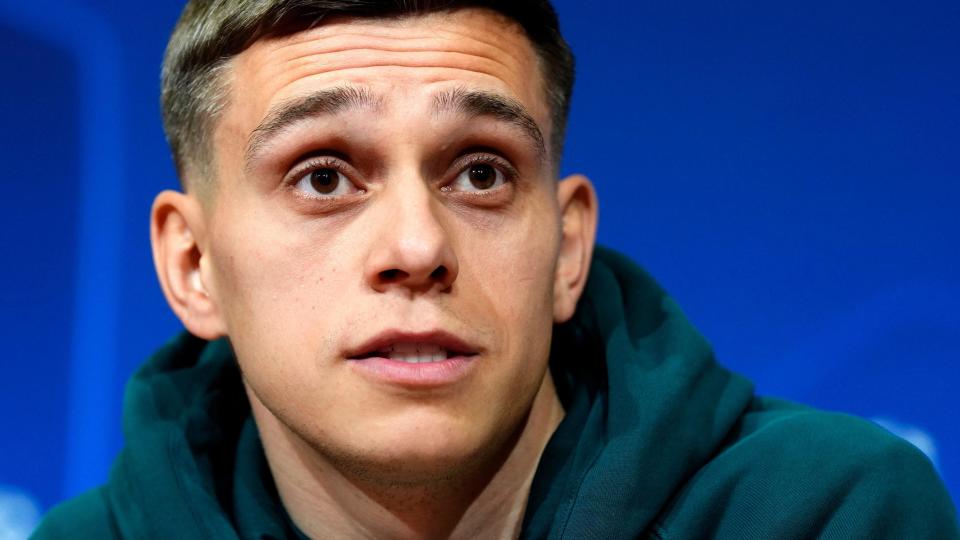 Arsenal winger Leandro Trossard speaks at a news conference