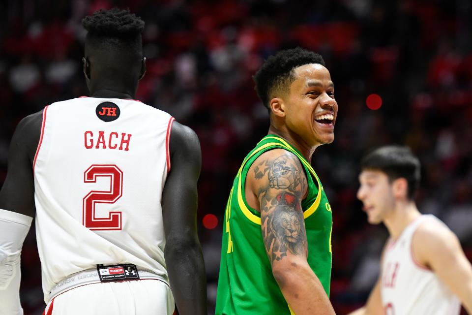 Oregon guard Jacob Young, center, reacts to a play against Utah Saturday, Feb. 5, 2022, in Salt Lake City. Young is on the roster for the Oregon Always Us team competing in the $1 million, winner-take-all The Basketball Tournament 2022.