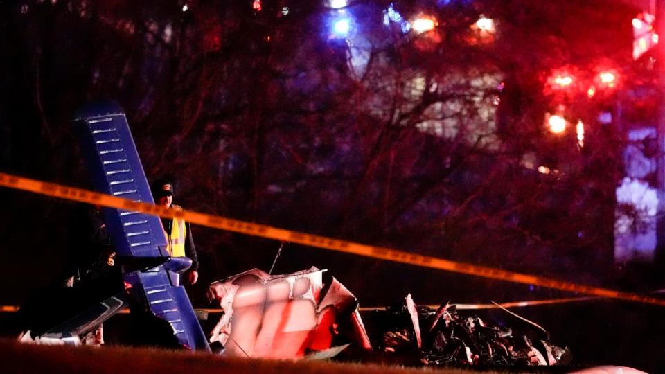 PHOTO: Emergency officials work the scene of a fatal small plane crash alongside Interstate 40 near mile marker 202, Monday, March 4, 2024, in Nashville, Tenn. (George Walker Iv/AP)