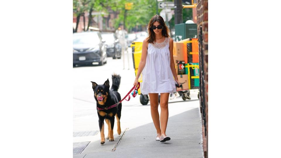 Emily Ratajkowski sported Prada's cotton poplin mini dress during a walk in New York