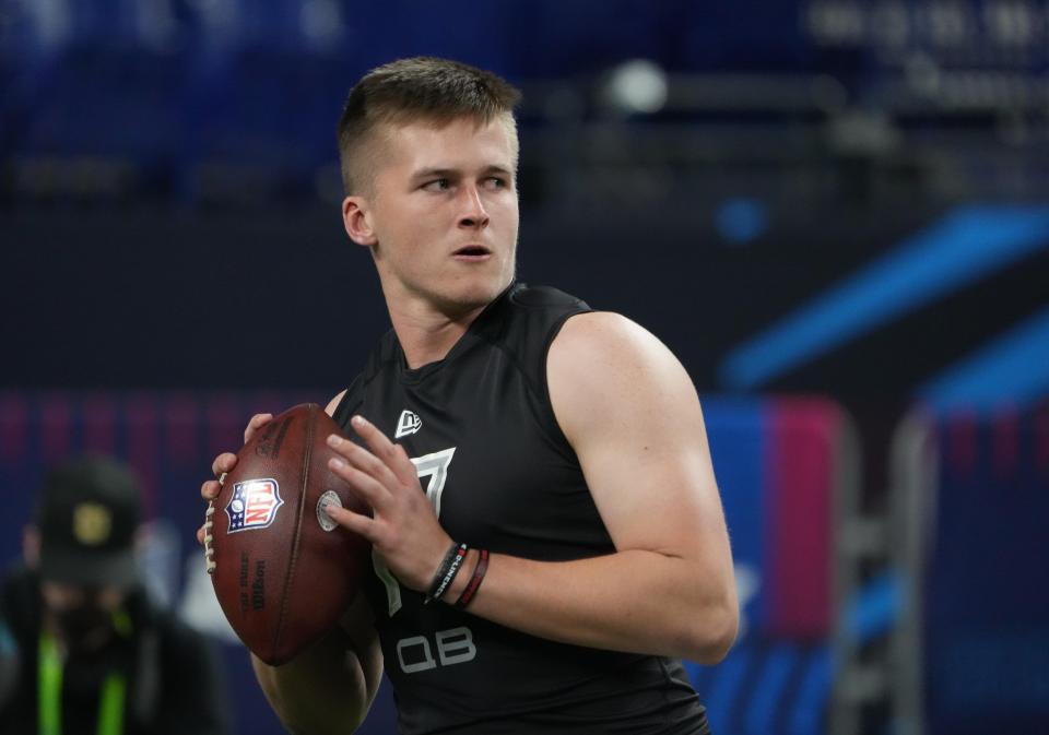 Western Kentucky quarterback Bailey Zappe, seen here at the NFL Combine in March, set FBS single-season records in passing yards and passing touchdowns last season.