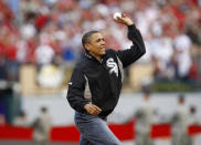 FILE - In this July 14, 2009, file photo, President Barack Obama throws out the ceremonial first pitch during the MLB All-Star baseball game in St. Louis. (AP Photo/Nam Y. Huh, file)