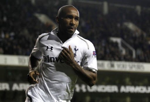 Tottenham Hotspur's Jermain Defoe celebrates scoring a goal during the Europa League Group J football match between Tottenham Hotspur and NK Maribor at White Hart Lane in London. Defoe helped himself to three clinically-struck goals and moved Tottenham Hotspur a step closer to the Europa League knockout stages with a 3-1 win over Maribor of Slovenia