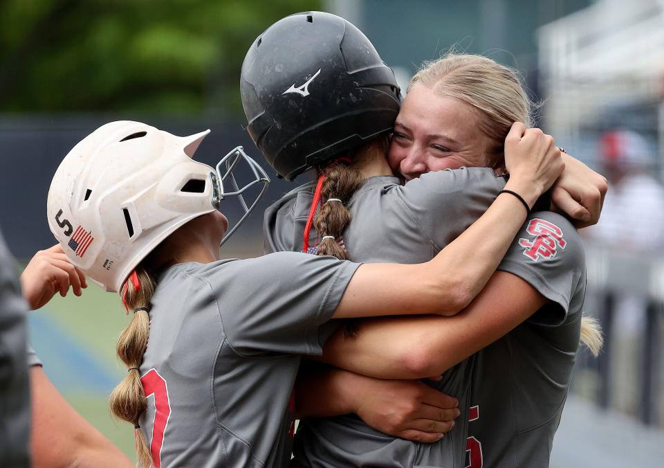 Spanish Fork celebrates Paige Pierce’s home run during the 5A softball championship game against Bountiful at the Miller Park Complex in Provo on Friday, May 26, 2023. Spanish Fork won 8-4. | Kristin Murphy, Deseret News