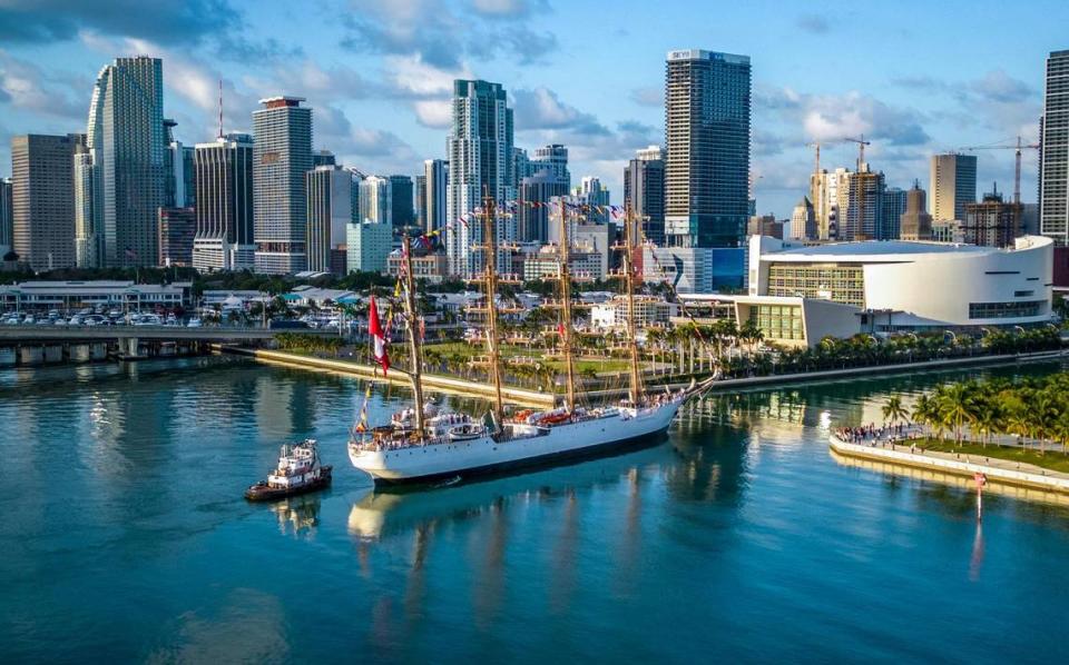 The B.A.P. Unión, a colossal four-masted flagship of the Peruvian Navy, enters Port Miami early Wednesday morning.