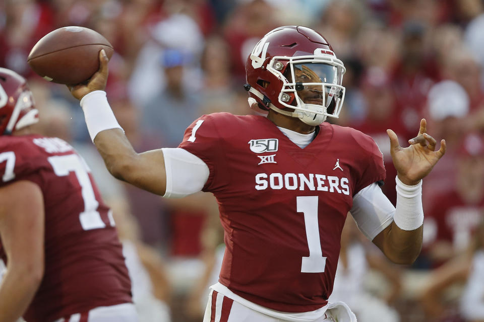 Oklahoma quarterback Jalen Hurts (1) throws in the second quarter of an NCAA college football game against South Dakota Saturday, Sept. 7, 2019, in Norman, Okla. (AP Photo/Sue Ogrocki)