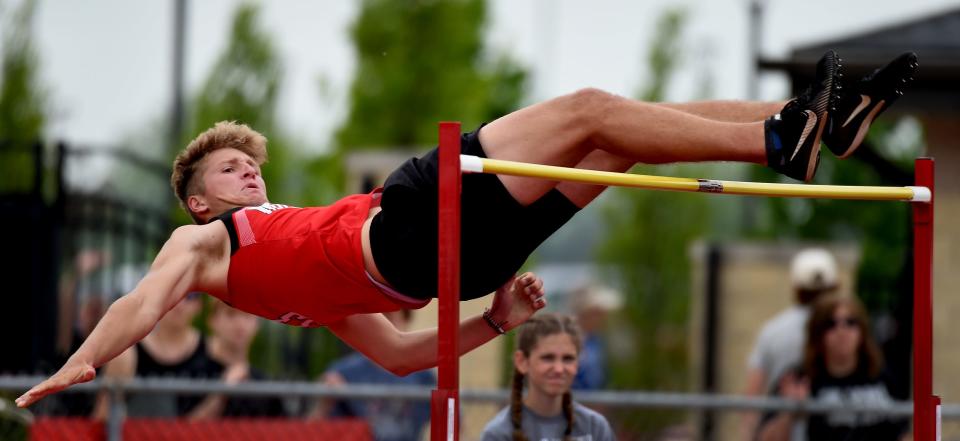 Ethan Budd of Milan cleared 6'4'' in the high jump to win the D2 Regional at Milan Friday, May 20, 2022.