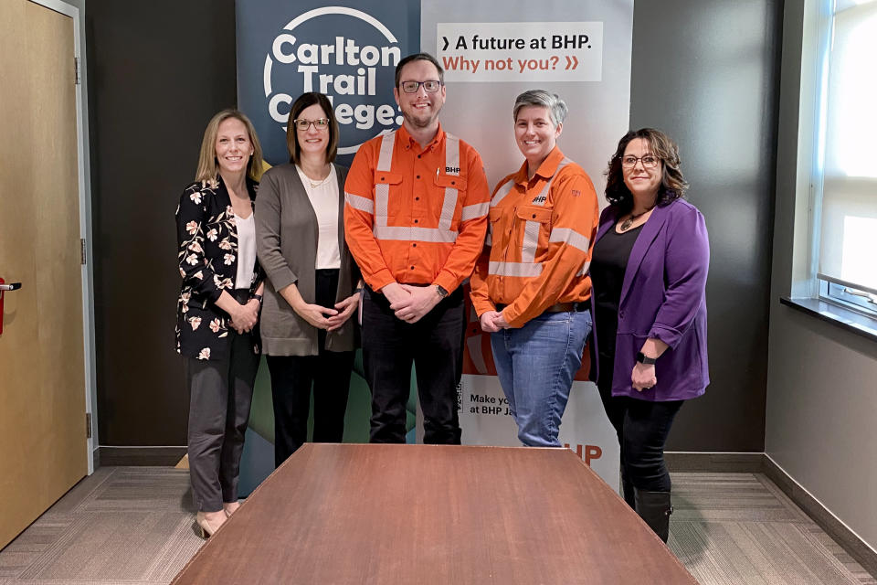 Photo (L-R): Amy Yeager, Carlton Trail College President and CEO; Deanna Gaetz, Carlton Trail College Business and Skills Training Director; Phillip Tysoe Lead Principal Training, BHP; Bianca Matthews, Manager Organizational Readiness, BHP; Jennifer Fafard, Coordinator Training, BHP