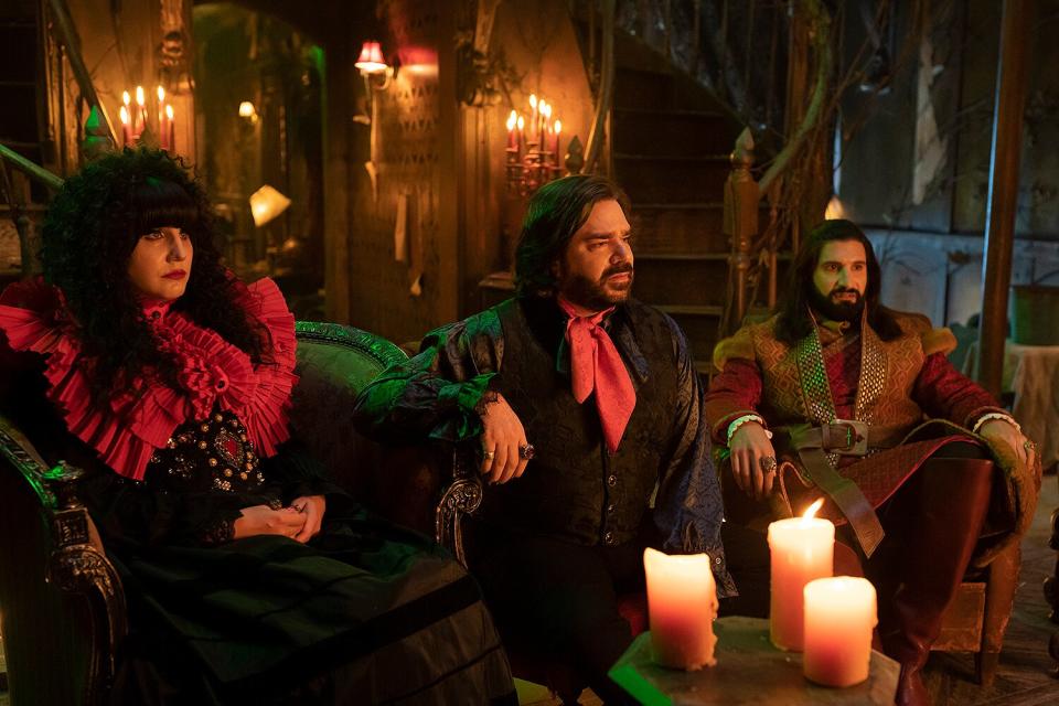 “WHAT WE DO IN THE SHADOWS” -- “Private School” -- Season 4, Episode 5 (Airs August 2) — Pictured (Left to Right): Natasia Demetriou as Nadja, Matt Berry as Laszlo, Kayvan Novak as Nandor.