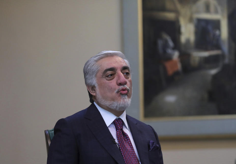 Abdullah Abdullah, Chairman of the High Council for National Reconciliation gives an interview to The Associated Press at the Sapidar Palace in Kabul, Afghanistan, Saturday, May 1, 2021. Afghanistan's chief peace negotiator says the often fractured Afghan political leadership must unify or risk the withdrawal of U.S. and NATO troops that has officially begun bringing more bitter fighting. (AP Photo/Rahmat Gul)