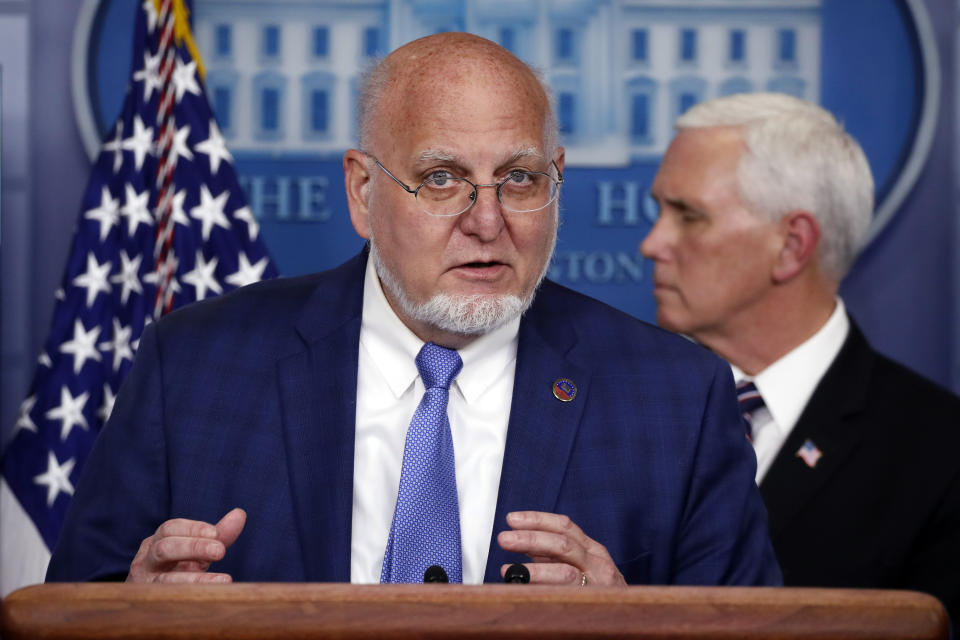 Dr. Robert Redfield, director of the Centers for Disease Control and Prevention, speaks about the coronavirus at the White House on Wednesday, April 8, 2020. (AP Photo/Alex Brandon)