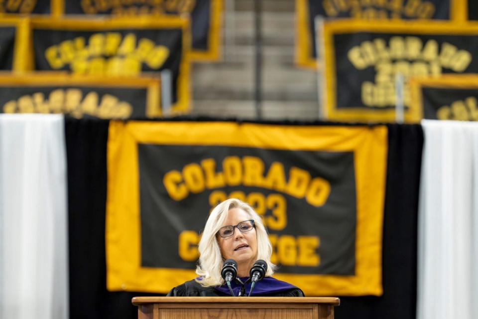 Former U.S. Rep. Liz Cheney, R-Wyo., delivers the commencement address at Colorado College in Colorado Springs on May 28, 2023.