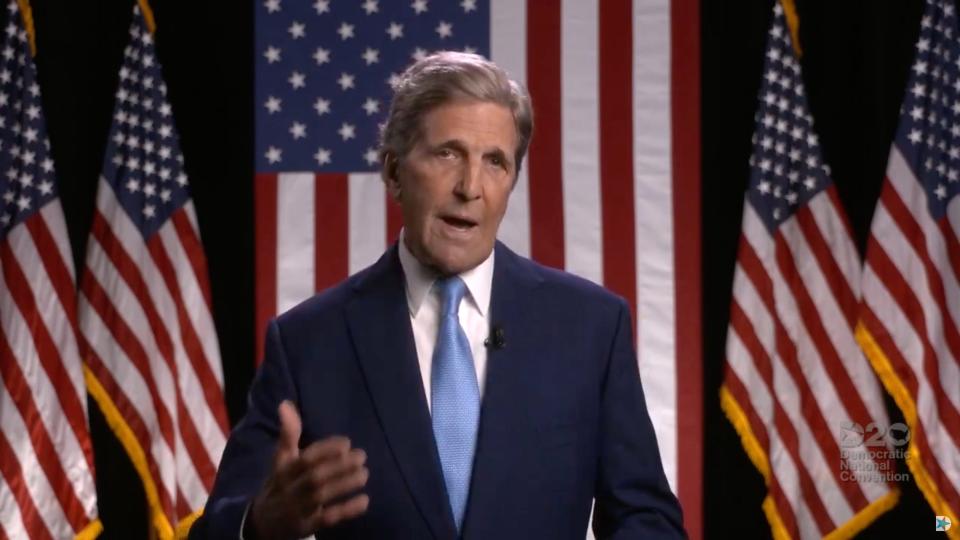 Former Secretary of State and U.S. Senator, John Kerry speaks to viewers during the Democratic National Convention at the Wisconsin Center.