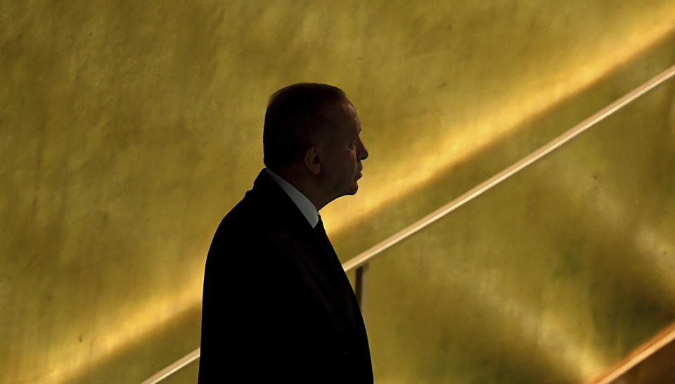 Turkey's President Recep Tayyip Erdogan prepares to address the 76th Session of the U.N. General Assembly at United Nations headquarters in New York, on Tuesday, Sept. 21, 2021. (Timothy A. Clary/Pool Photo via AP)