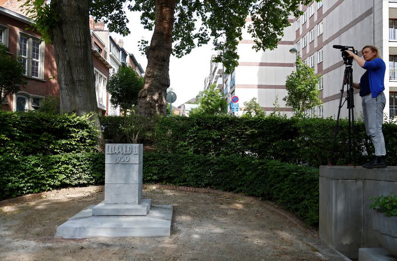 Plinth of a statue of former Belgian King Leopold II is pictured in Brussels