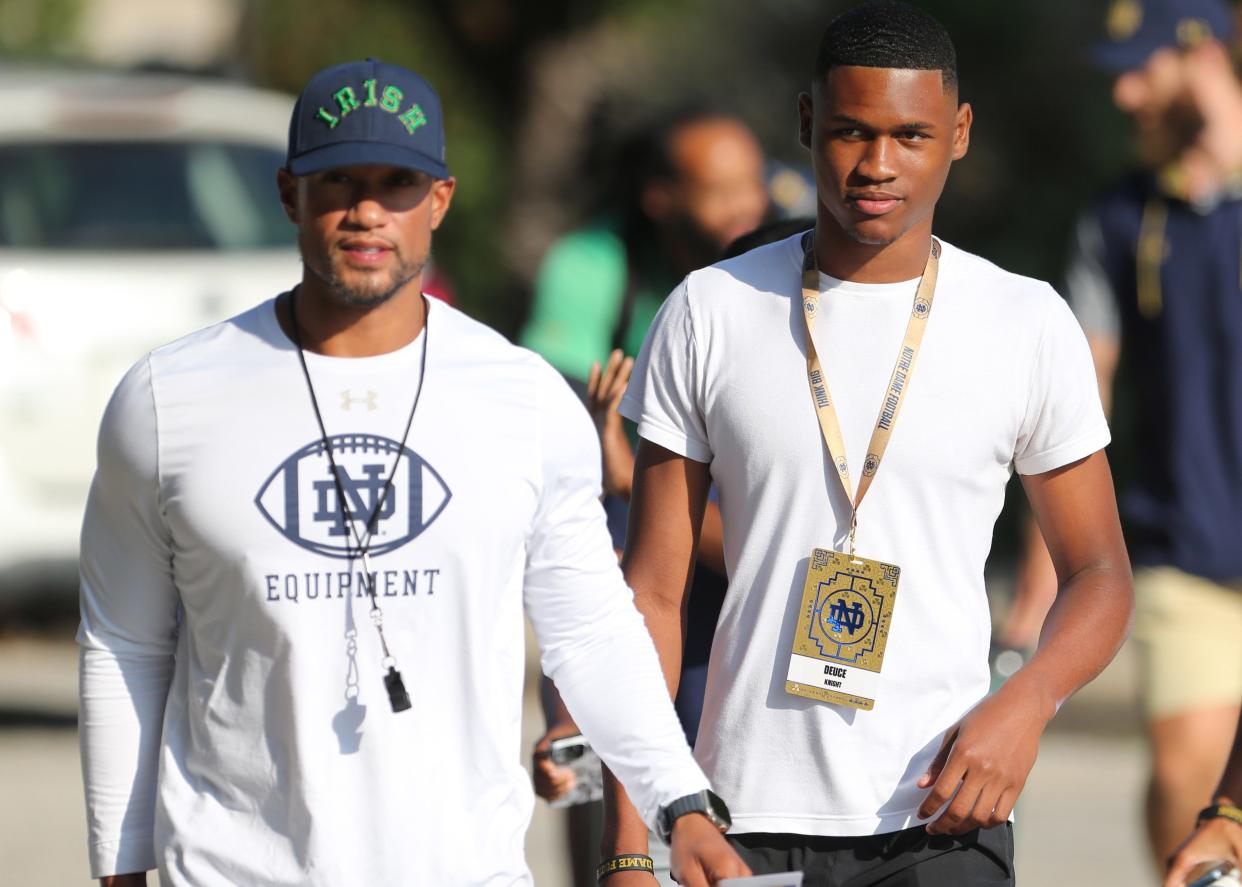 Notre Dame Head Coach Marcus Freeman and quarterback prospect during Notre Dame football fall camp Thursday, July 27, 2023, at the Irish Athletics Center in South Bend.