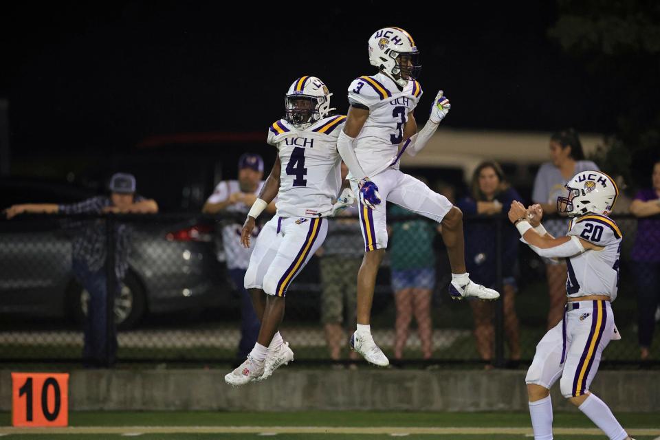 Union County's Rayvon Durant (4) and Gavin Jenkins (3) celebrate an Aug. 26 touchdown against University Christian.