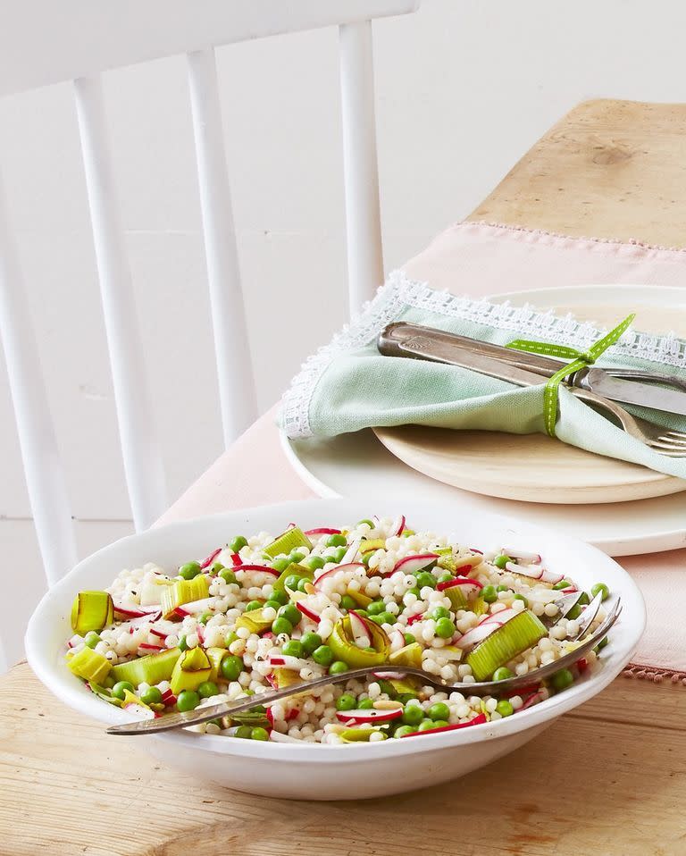 Pearl Couscous With Leeks and Peas