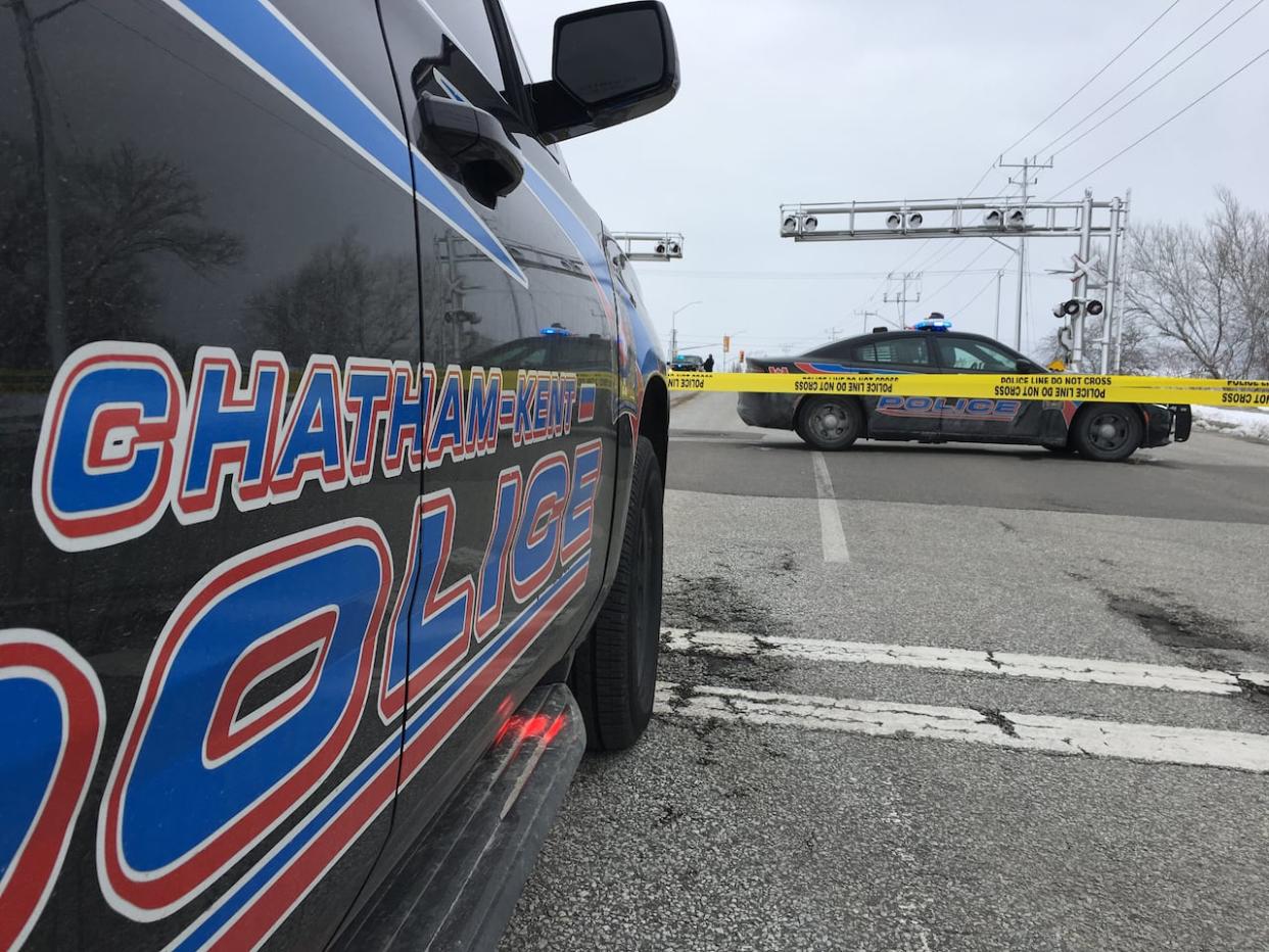 A Chatham-Kent police cruiser at the scene of a collision in a 2019 file photo.  (Chris Ensing/CBC - image credit)