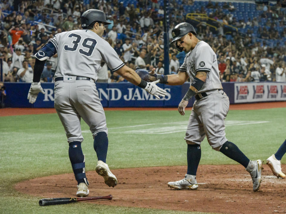New York Yankees on-deck batter Ryan LaMarre (39) congratulates Rougned Odor, who scored on Gio Urshela's two-run double against the Tampa Bay Rays during the fifth inning of a baseball game Tuesday, July 27, 2021, in St. Petersburg, Fla. (AP Photo/Steve Nesius)