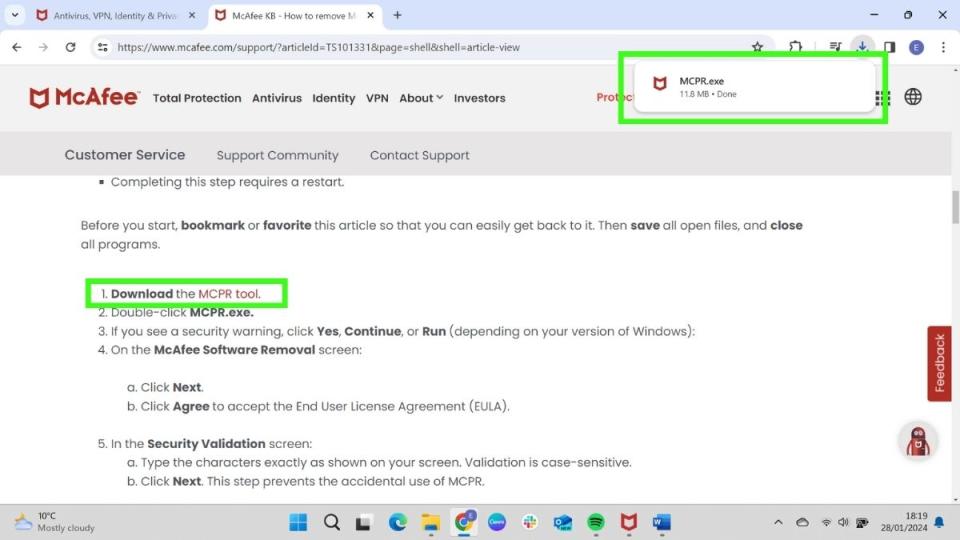 Screenshot showing how to uninstall McAfee using the McAfee Consumer Product Removal tool (MCPR) - Download from website