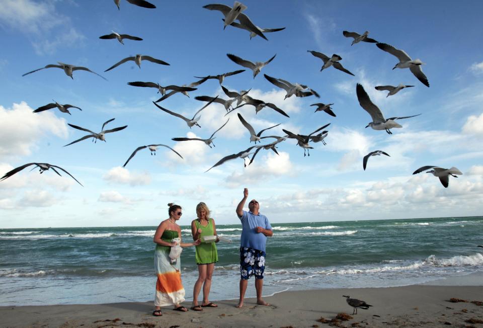 FILE - In this Sunday, Dec. 11, 2011 file photo, Preslee Rakes, left, her mother Tina Rakes, center, and Brad Cunningham, right, all from Kansas, feed seagulls during a visit to the South Beach area of Miami Beach, Fla. Miami is famous for its beaches, none more than South Beach, which is free and accessible to the public and popular with visitors along Ocean Drive from about Fifth Street up to Collins Park. (AP Photo/Alan Diaz, File)