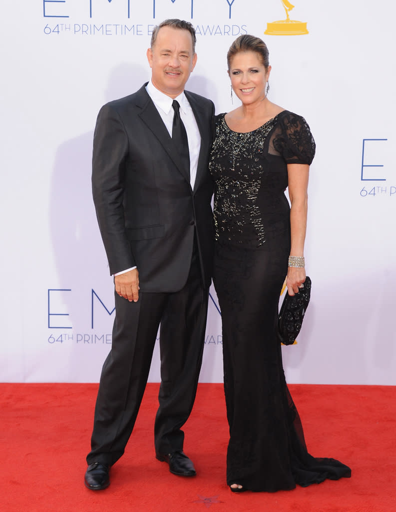 Tom Hanks and wife Rita Wilson at the 64th Primetime Emmy Awards at the Nokia Theatre in Los Angeles on September 23, 2012.