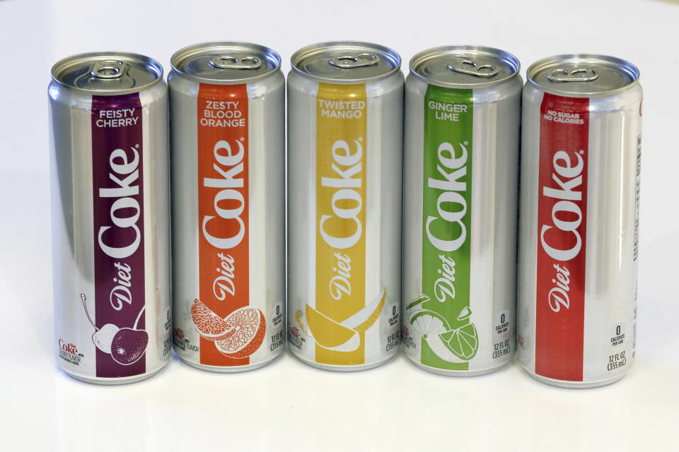 Newly designed Diet Coke cans, including the new flavors of Diet Coke, are shown in this photo, in New York, Monday, Jan. 29, 2018. (AP Photo/Richard Drew)